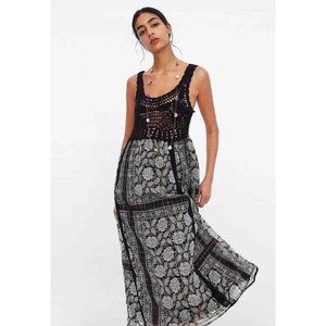 Zara Crochet Metallic Thread Floral Print Midi Dress